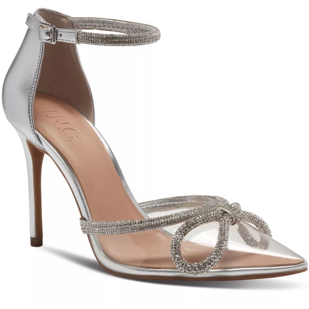 INC Clear Vinyl and Silver Heels with Rinestone Bow